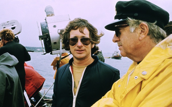 JAWS, director Steven Spielberg, producer David Brown on set, 1975